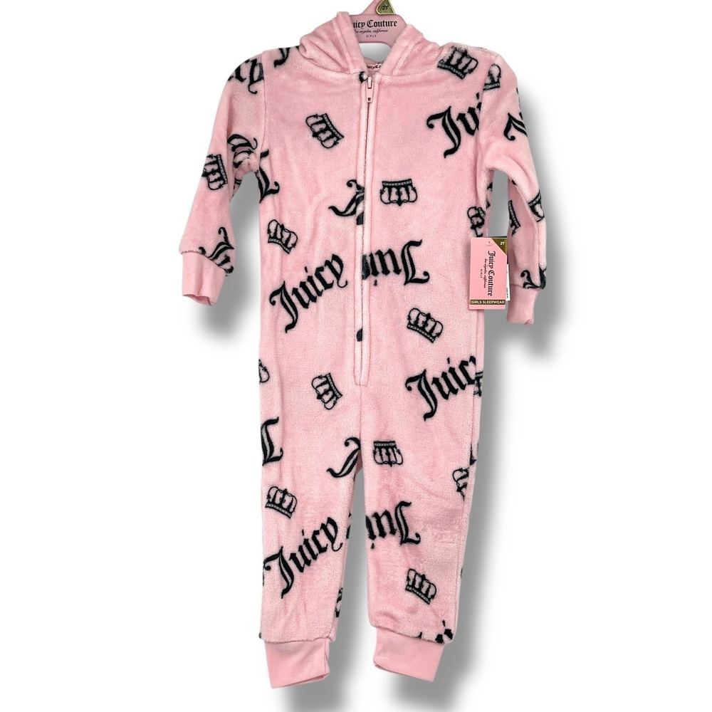 Juicy Couture Fleece Hooded 1 Piece All Over Print Pink Logo Crown Print 4T New